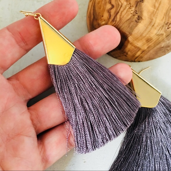 Large Silk Tassel Earring Gray - Picture 3 of 6